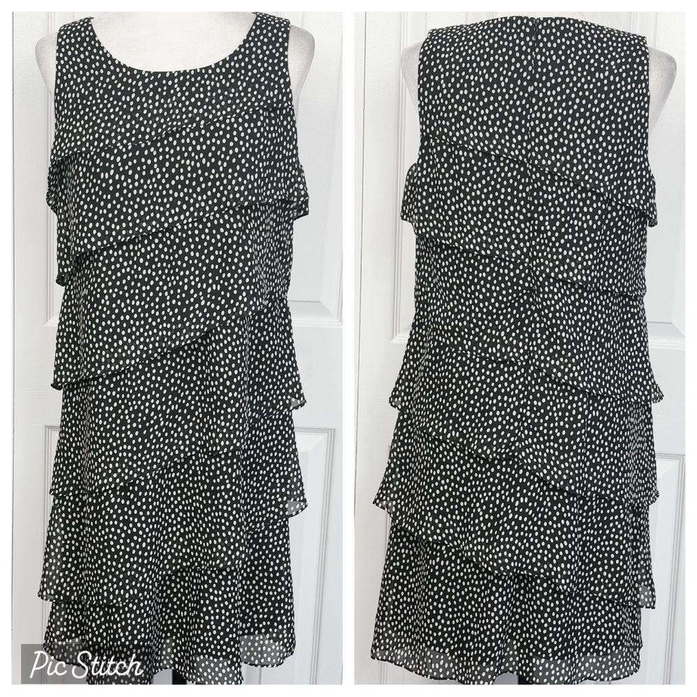Jessica Howard Black & White Polka Dot Asymmetric Tiered Ruffle Dress 10